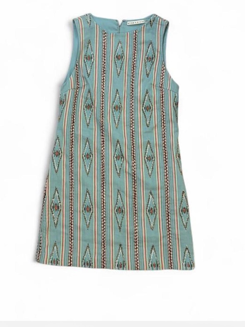 Alice + Olivia Teal Beaded Multicolor Striped Embroidered  Shift Dress